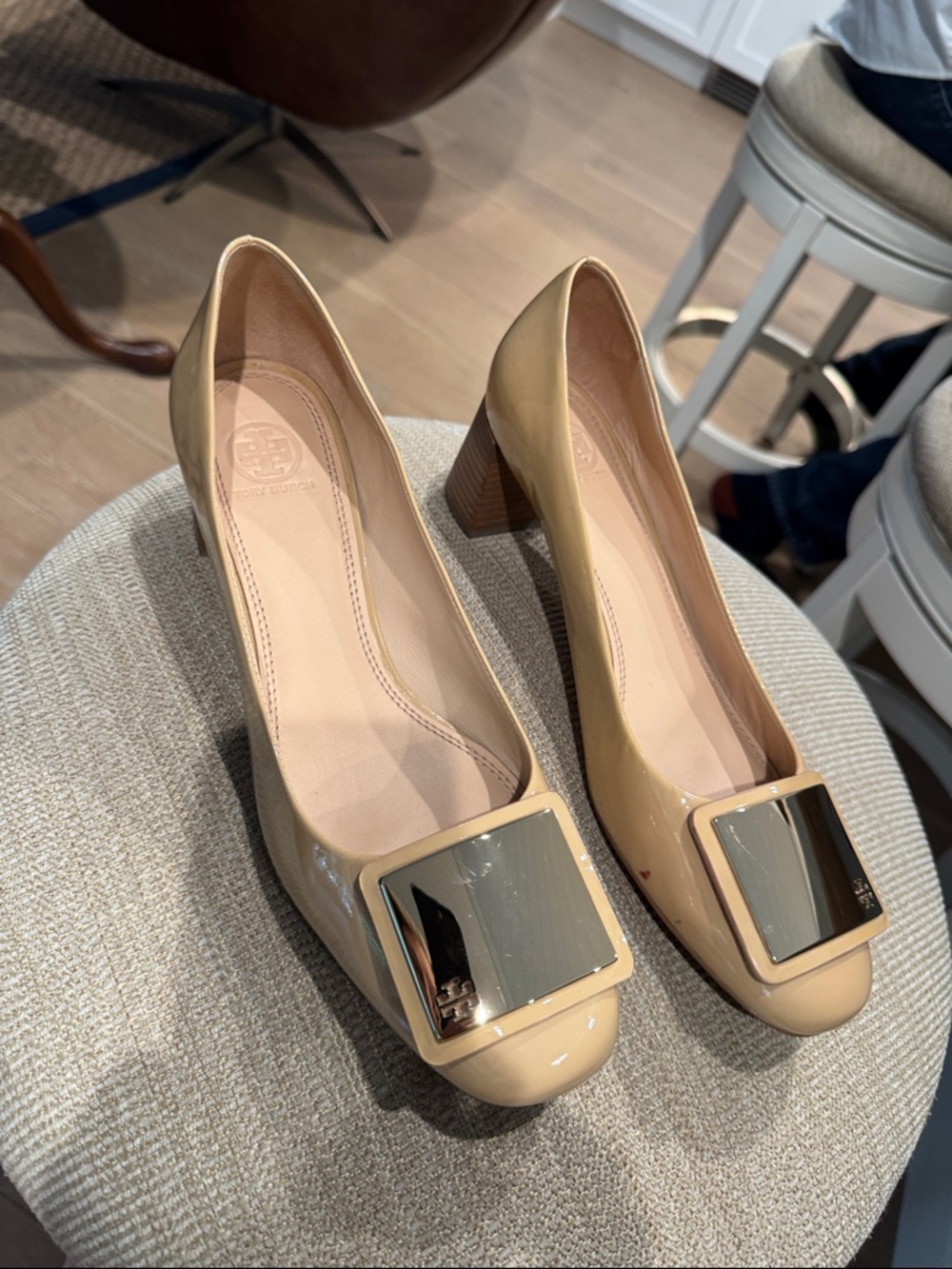 Tory Burch Beige Patent Block Heel Pumps with Gold-Tone Square Buckle